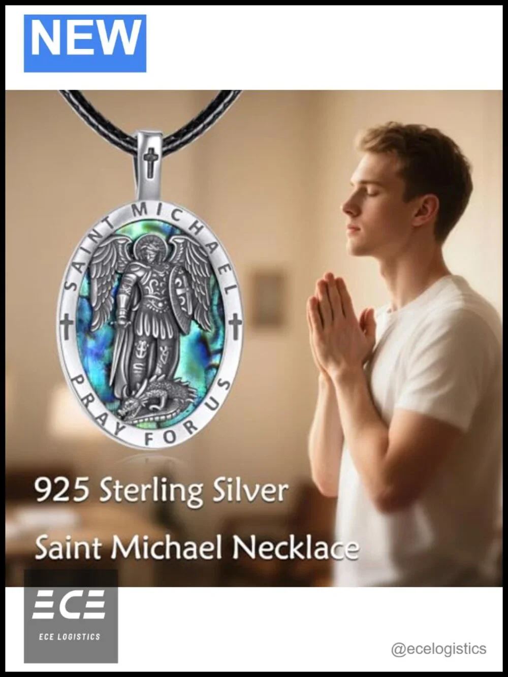 St Michael Necklace 925 Sterling Silver Archangel Pendant 22+2 Inch Adjustable